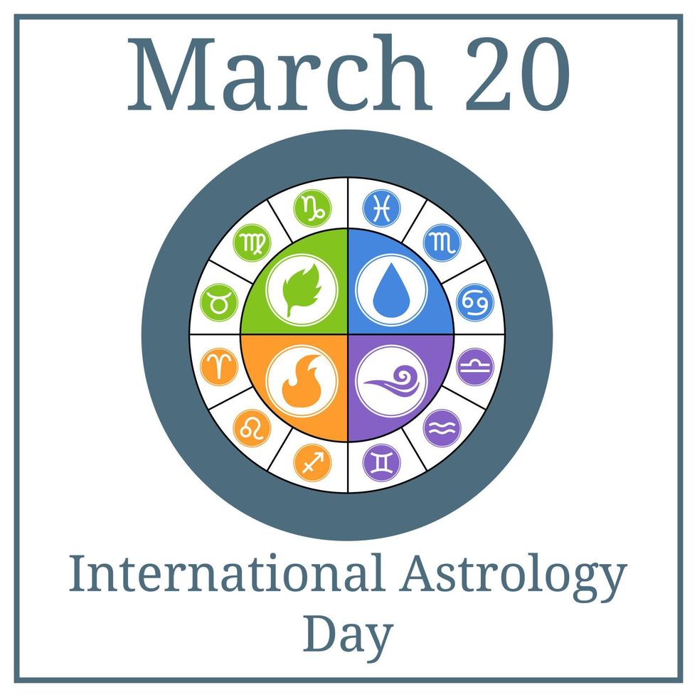 International Astrology Day. March 20. March Holiday Calendar. Circle Zodiac Signs. Zodiac Element. Horoscope signs Vector illustration for Your Design.