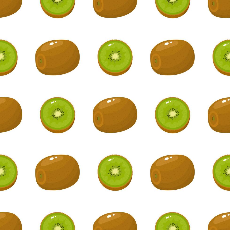 Seamless pattern with fresh whole and half kiwi fruit on white background. Summer fruits for healthy lifestyle. Organic fruit. Cartoon style. Vector illustration for any design.