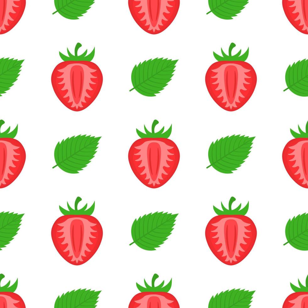 Seamless pattern with fresh bright exotic half strawberries and leaves on white background. Summer fruits for healthy lifestyle. Organic fruit. Cartoon style. Vector illustration for any design.