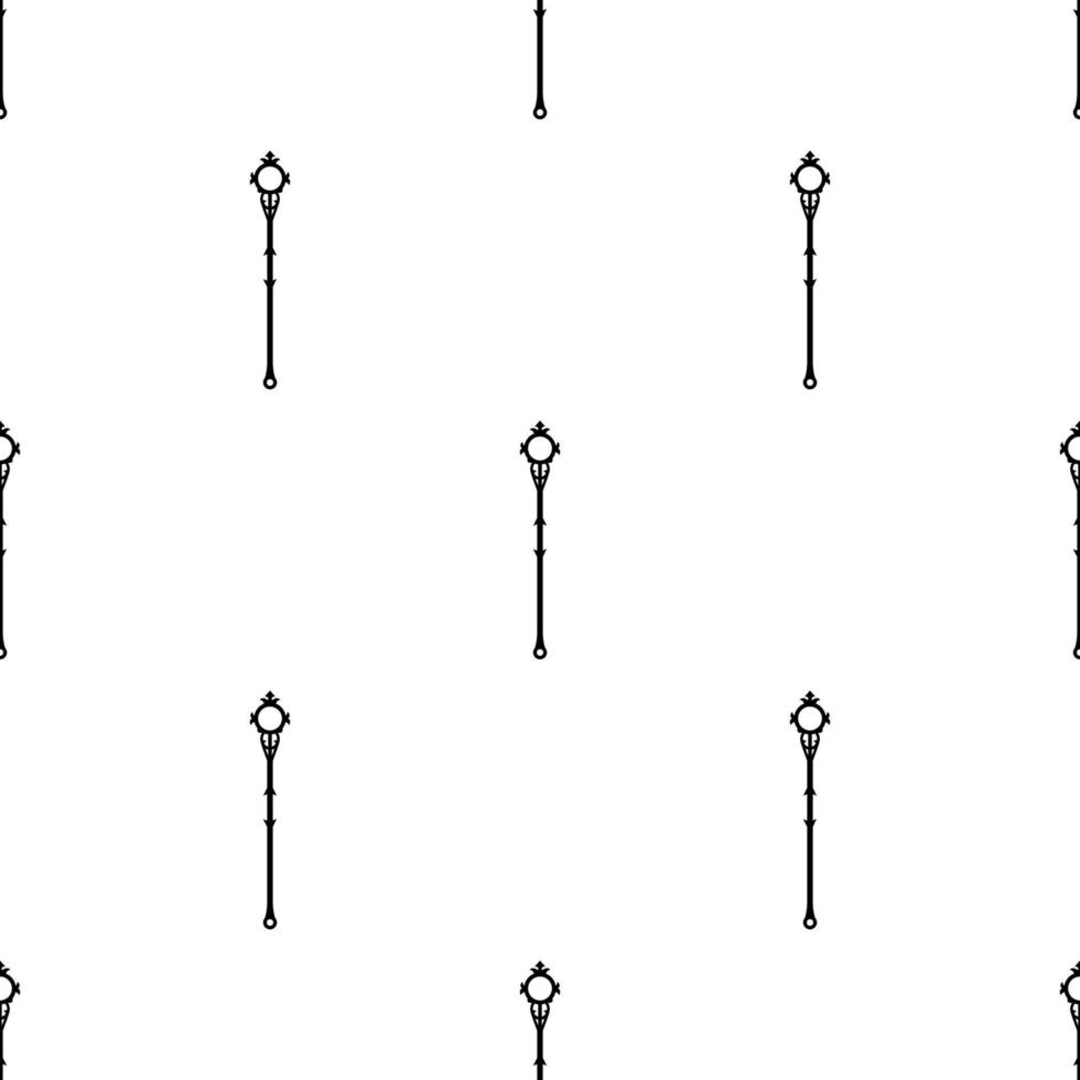 Seamless pattern with black magic staff icon on white background. Magic wand, scepter, stick, rod. Vector illustration.