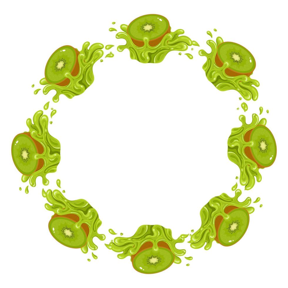 Wreath from green kiwi splash fruits with space for text. Cartoon organic sweet food. Summer fruits for healthy lifestyle. Vector illustration for any design.