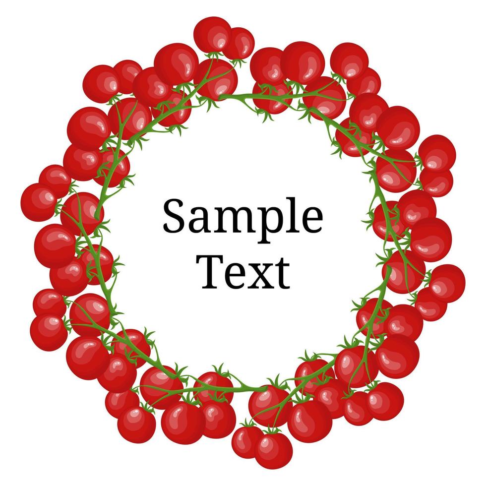 Circle Frame from Tomatoes with Space for Text. Fresh Red Cherry Tomato Branch Vegetable isolated on white background. Organic Food. Cartoon Style. Vector illustration for Your Design, Web.