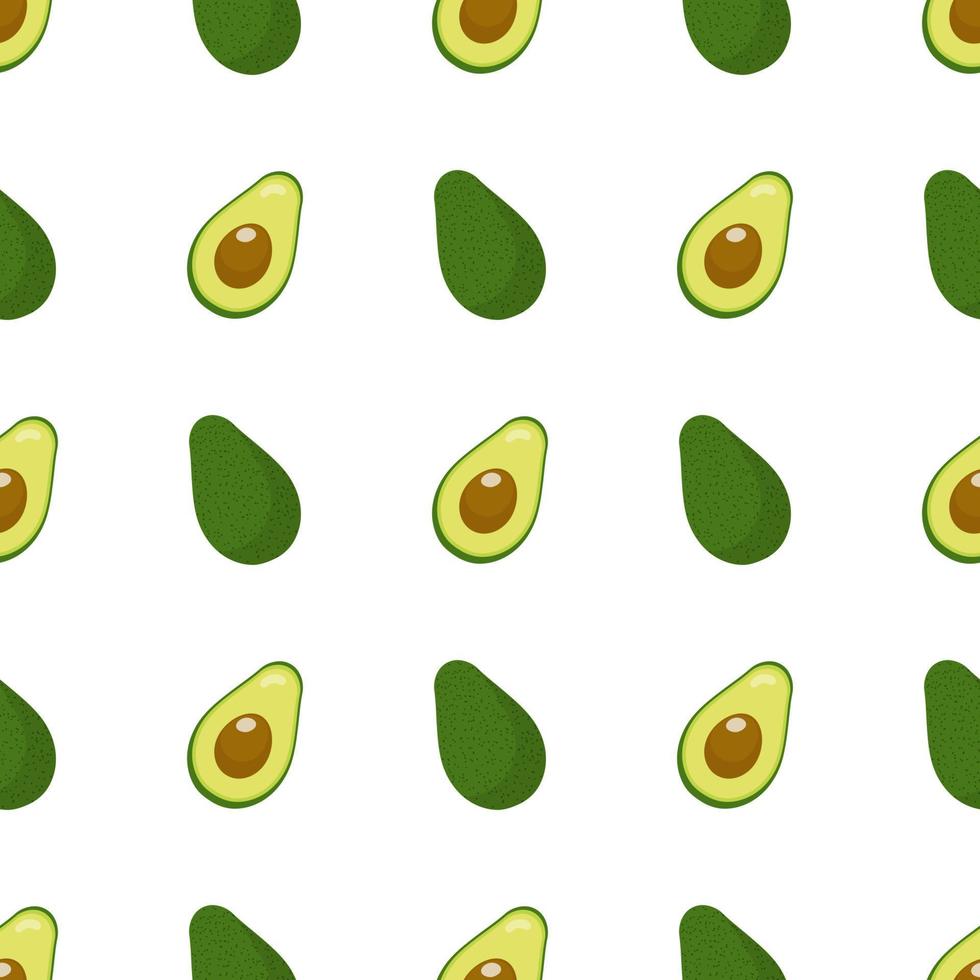 Seamless pattern with fresh half and whole avocado isolated on white background. Organic food. Cartoon style. Vector illustration for design, web, wrapping paper, fabric, wallpaper.