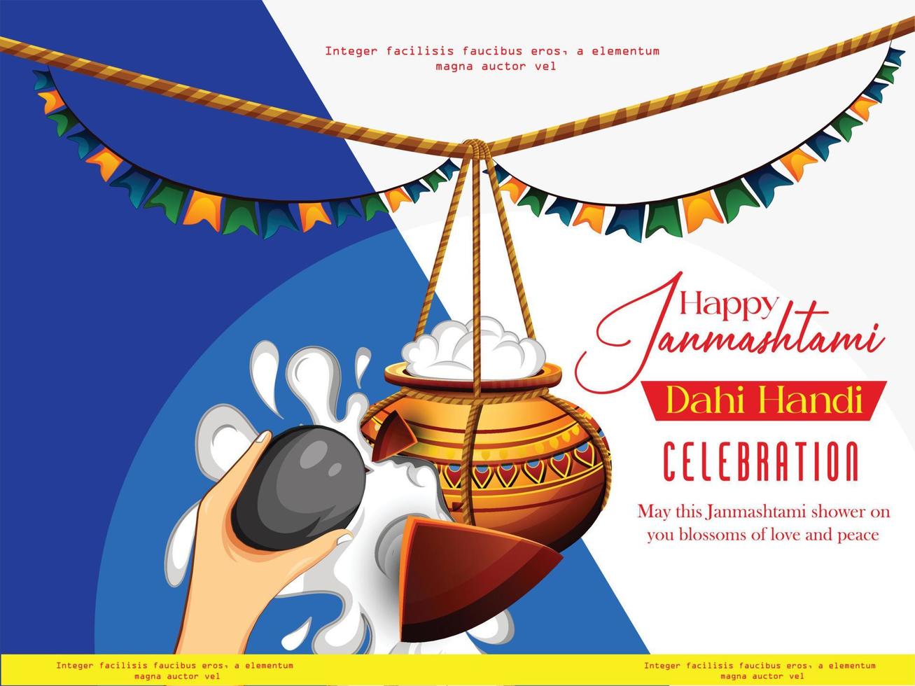Beautiful Illustration of Dahi Handi, Traditional Poster Design for Hindu Festival festival background of India with text in Hindi meaning Shri Krishan Janmashtami vector