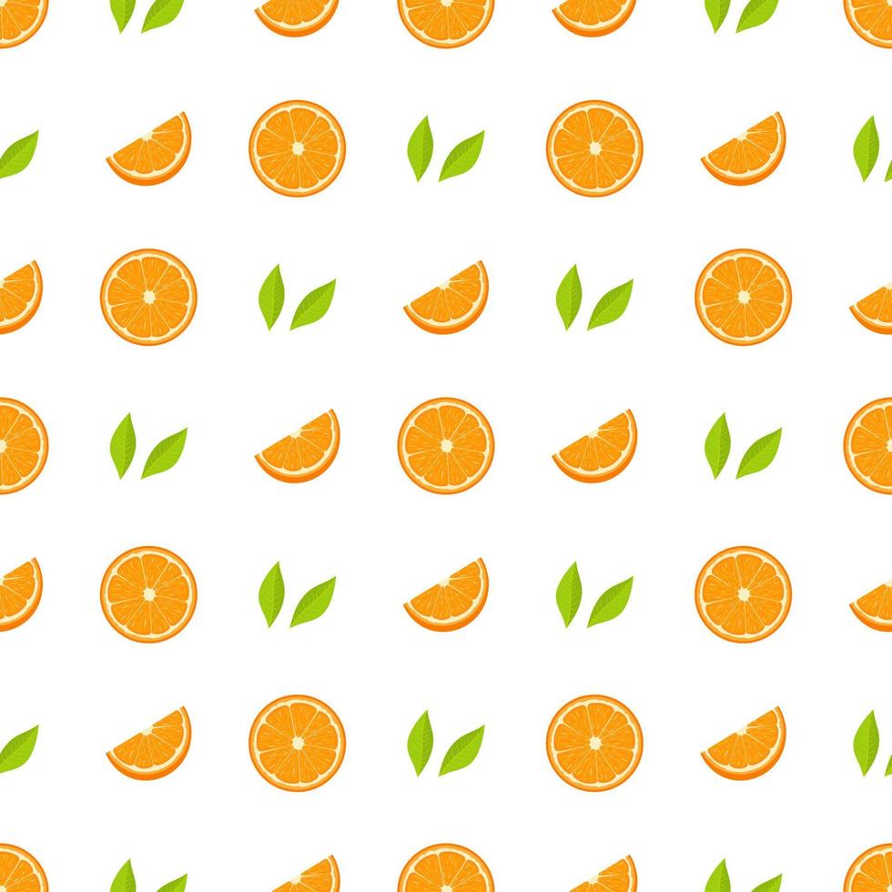 Seamless pattern with fresh half, cut slice of orange fruit and green leaves on white background. Tangerine. Organic fruit. Vector illustration for design, web, wrapping paper, fabric, wallpaper.