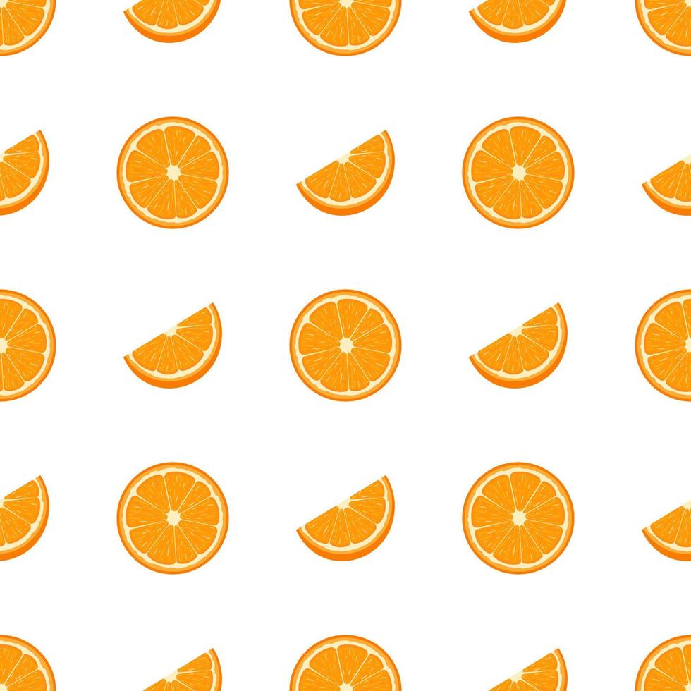 Seamless pattern with fresh half and cut slice orange fruit on white background. Tangerine. Organic fruit. Cartoon style. Vector illustration for design, web, wrapping paper, fabric, wallpaper.