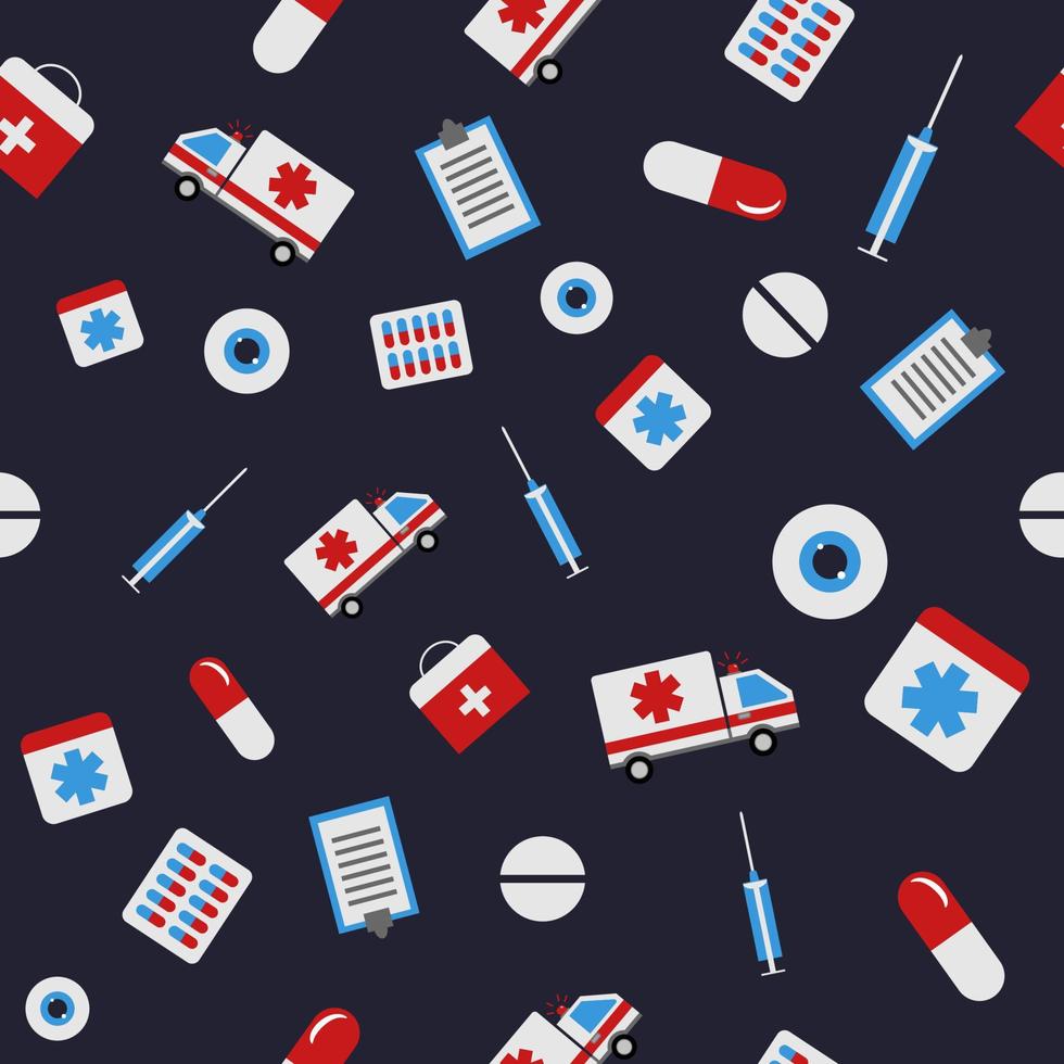 patrón sin costuras con artículos de medicina. ambulancia, píldora, ojo, tableta, jeringa. ilustración vectorial vector