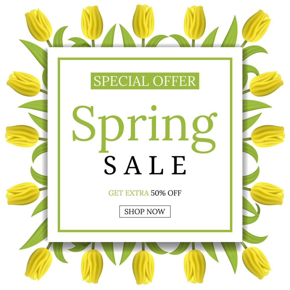 Spring Sale Banner Template Background with Yellow Tulips. Square Frame of Tulips. Voucher, wallpaper,flyers, invitation, posters, brochure, coupon discount,greeting card. Vector illustration.