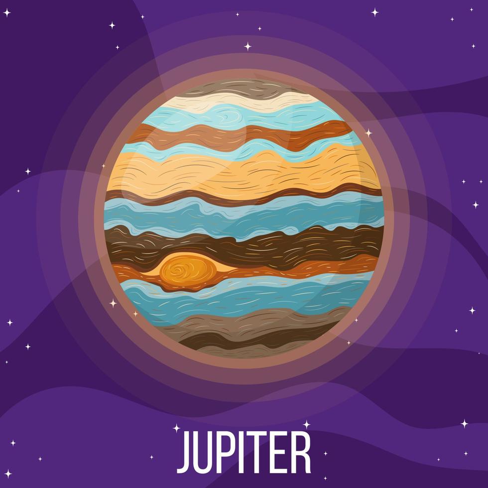 Jupiter planet in space. Colorful universe with Jupiter. Cartoon style vector illustration for any design.