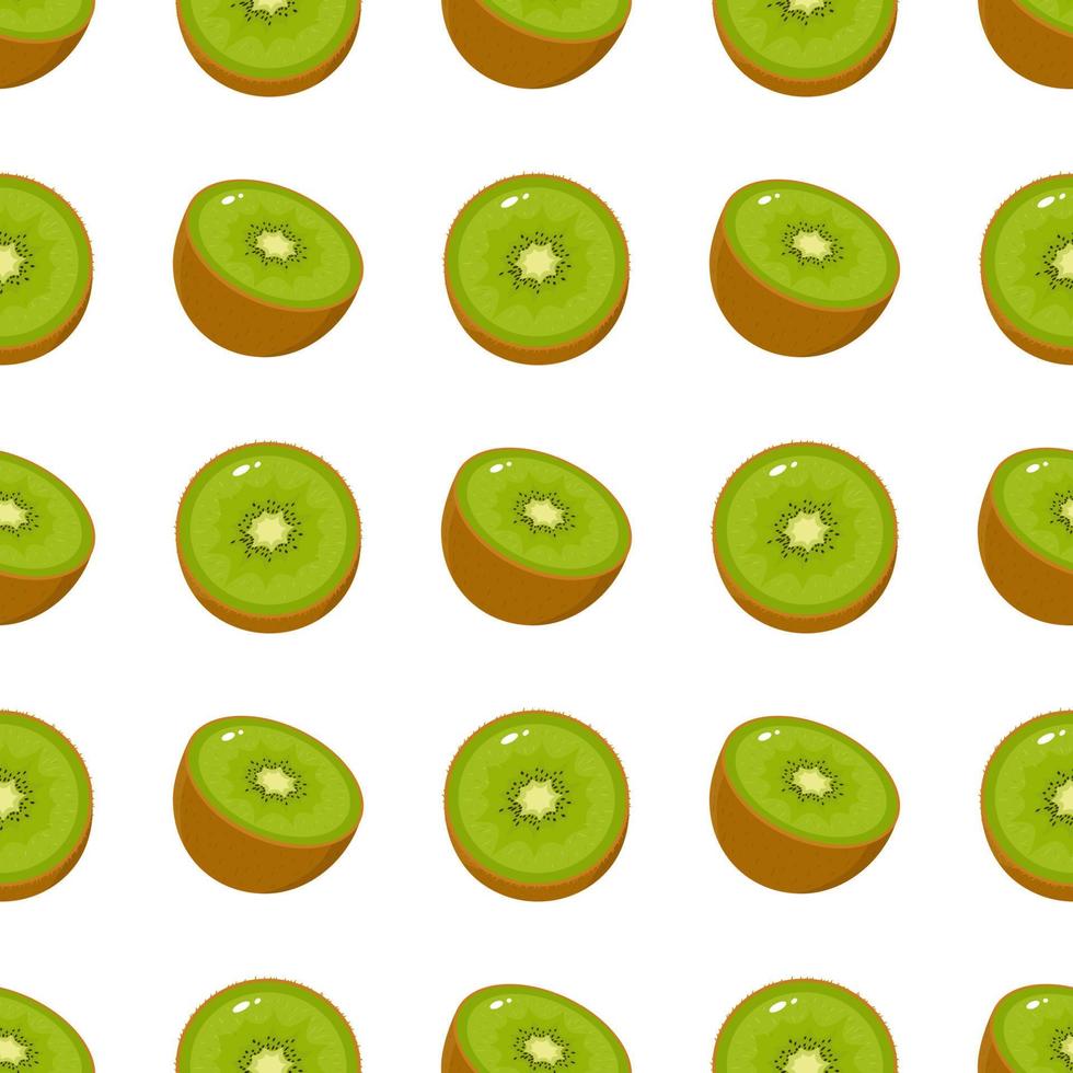 Seamless pattern with fresh half kiwi fruit on white background. Summer fruits for healthy lifestyle. Organic fruit. Cartoon style. Vector illustration for any design.