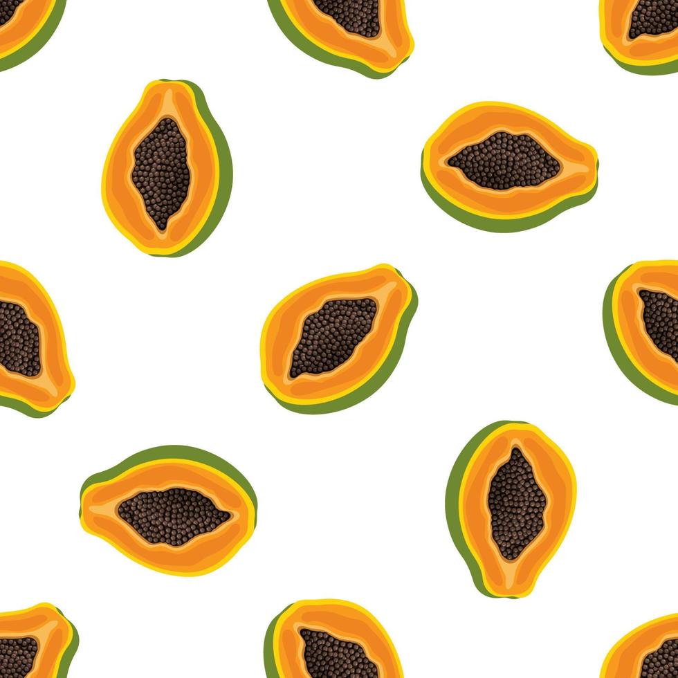 Seamless pattern with fresh bright exotic half papaya fruit on white background. Summer fruits for healthy lifestyle. Organic fruit. Cartoon style. Vector illustration for any design.