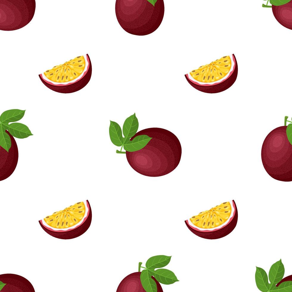 Seamless pattern with fresh bright exotic whole and cut slice passion fruit on white background. Summer fruits for healthy lifestyle. Organic fruit. Cartoon style. Vector illustration for any design.