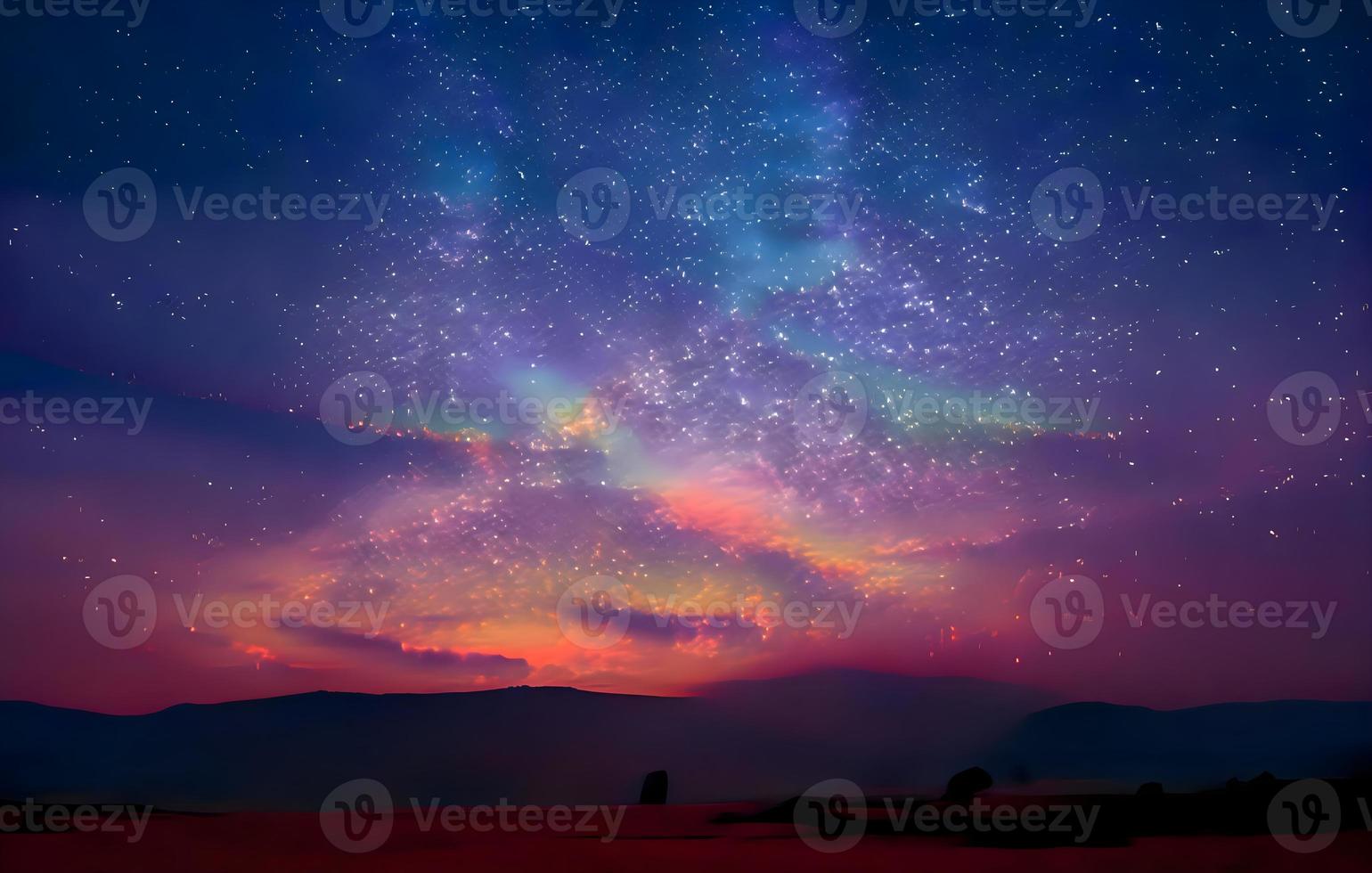 Milky Way and pink light at mountains. Night colorful landscape. Starry sky with hills at summer. Beautiful Universe. Space background with galaxy. Travel background photo