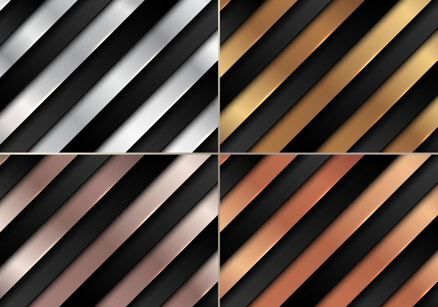 conjunto de lujo abstracto negro y plata, dorado, oro rosa, cobre degradado color rayas diagonales patrón textura de fondo vector