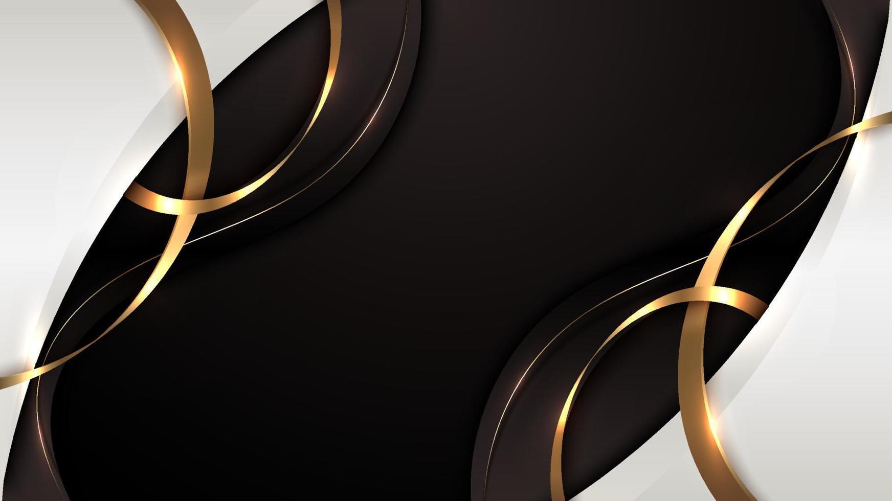 Abstract 3D luxury white and black color wave shapes with shiny golden curved ribbon line decoration and glitter lighting on dark background vector