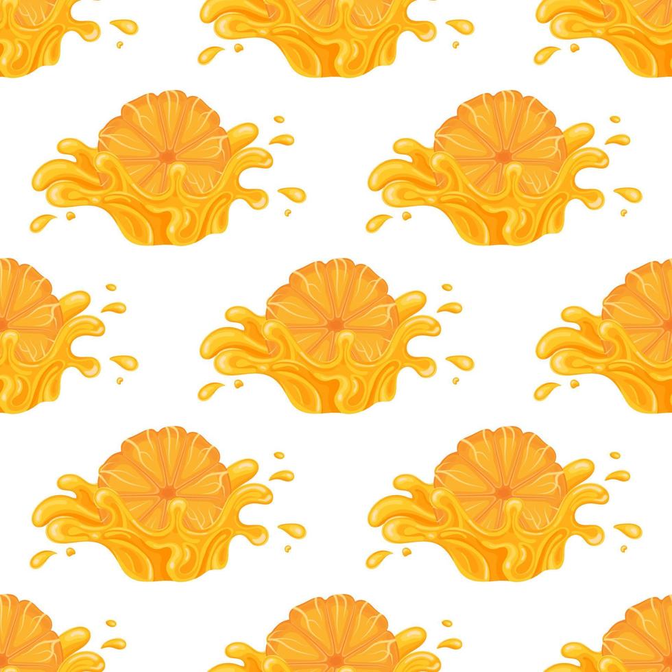Seamless pattern with fresh bright orange, mandarin or tagerine juice splash burst isolated on white background. Summer fruit juice. Cartoon style. Vector illustration for any design.