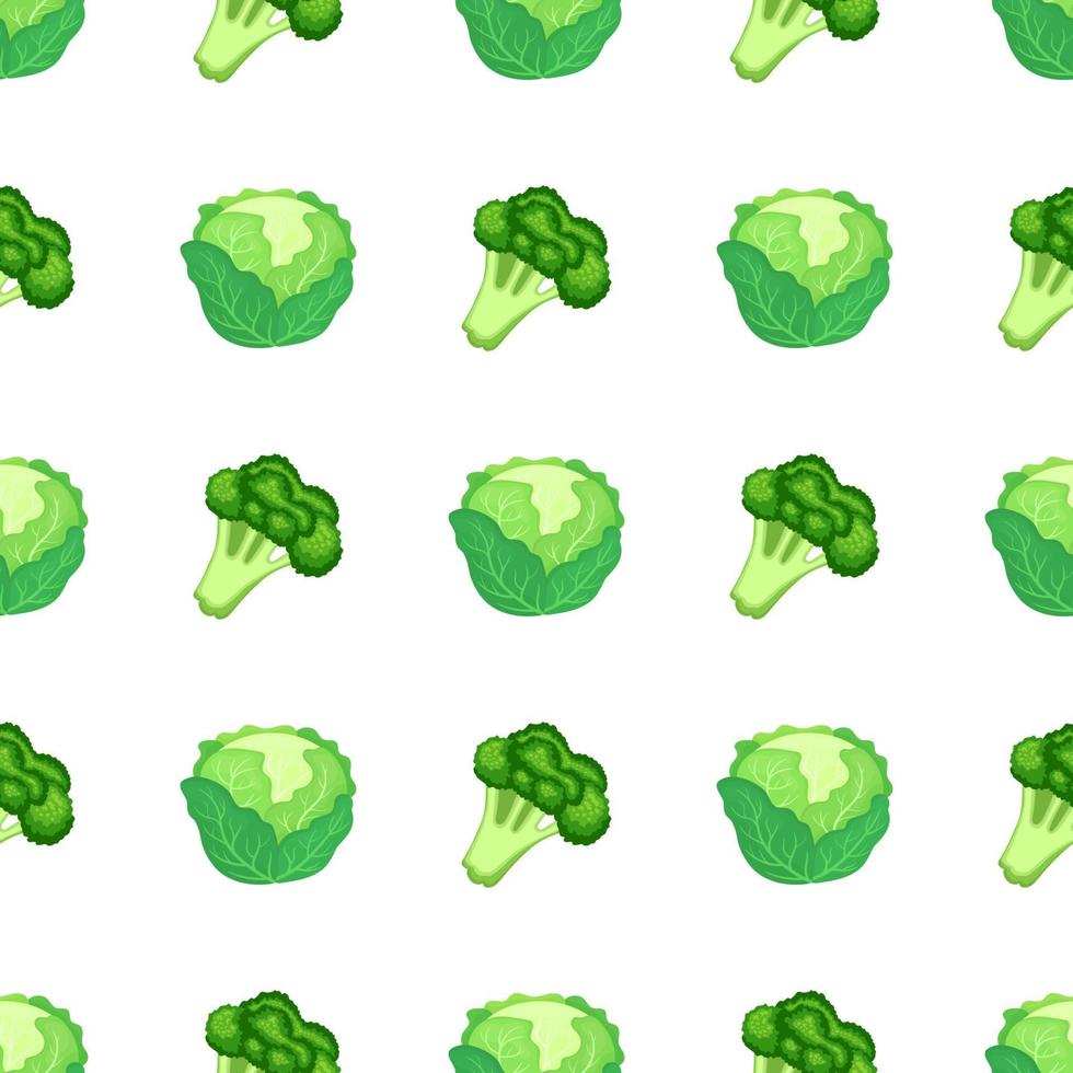 Seamless pattern with fresh green cabbage and broccoli isolated on white background. Organic food. Cartoon style. Vector illustration for design, web, wrapping paper, fabric, wallpaper.
