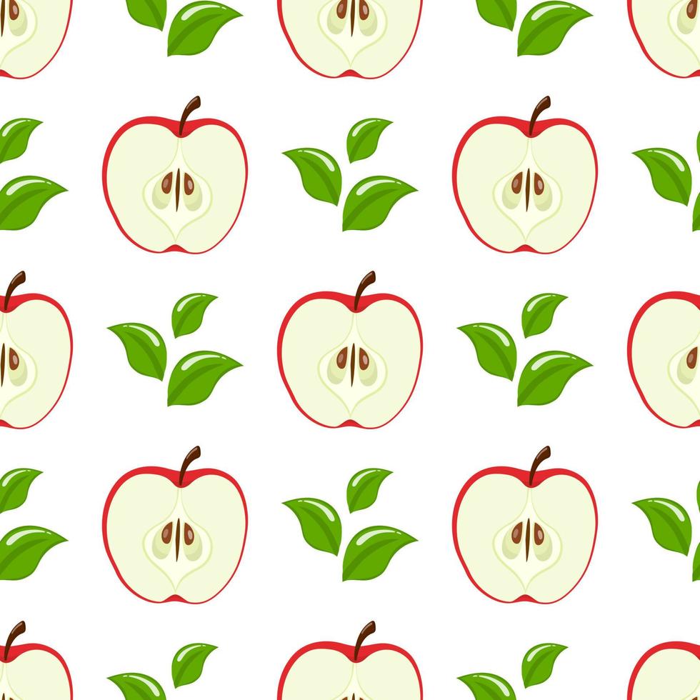 Seamless pattern with red half apples and leaves on white background. Organic fruit. Cartoon style. Vector illustration for design, web, wrapping paper, fabric, wallpaper.