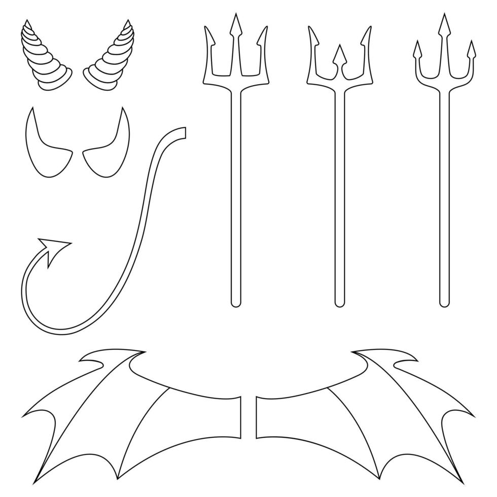 Set of line style devil elements isolated on white background. Outline horns, tridents, wings, tail. Clean and modern vector illustration for design, web.
