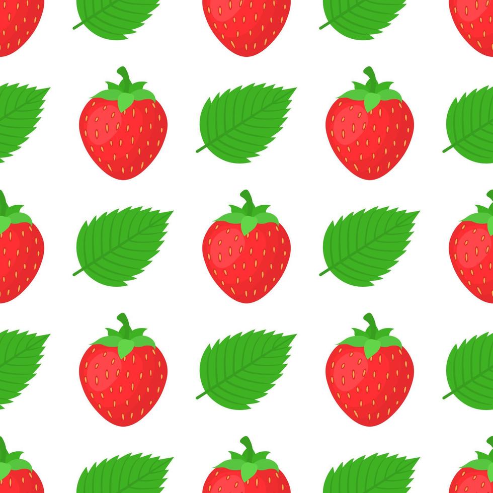 Seamless pattern with fresh bright exotic whole strawberries and leaves on white background. Summer fruits for healthy lifestyle. Organic fruit. Cartoon style. Vector illustration for any design.