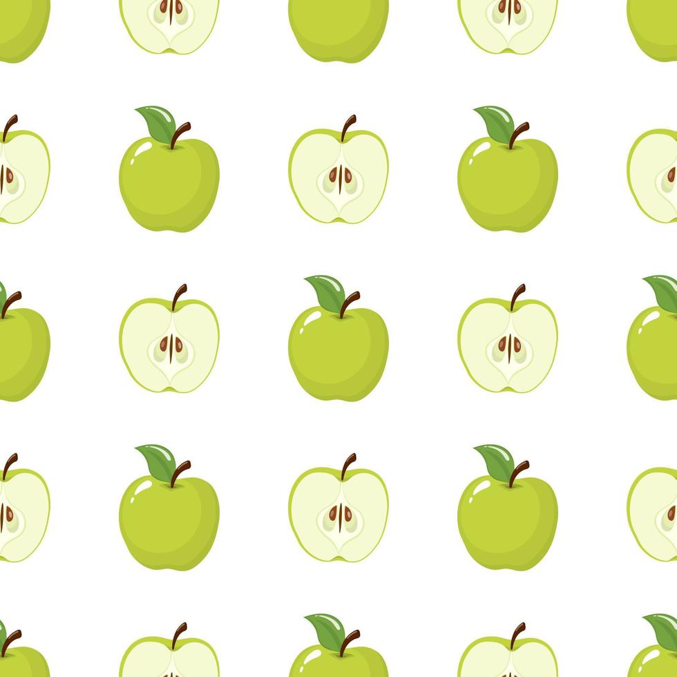 Seamless pattern with green whole and half apples on white background. Organic fruit. Cartoon style. Vector illustration for design, web, wrapping paper, fabric, wallpaper.