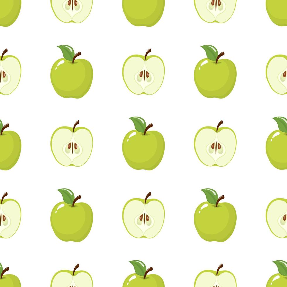 Seamless pattern with green whole and half apples on white background. Organic fruit. Cartoon style. Vector illustration for design, web, wrapping paper, fabric, wallpaper.