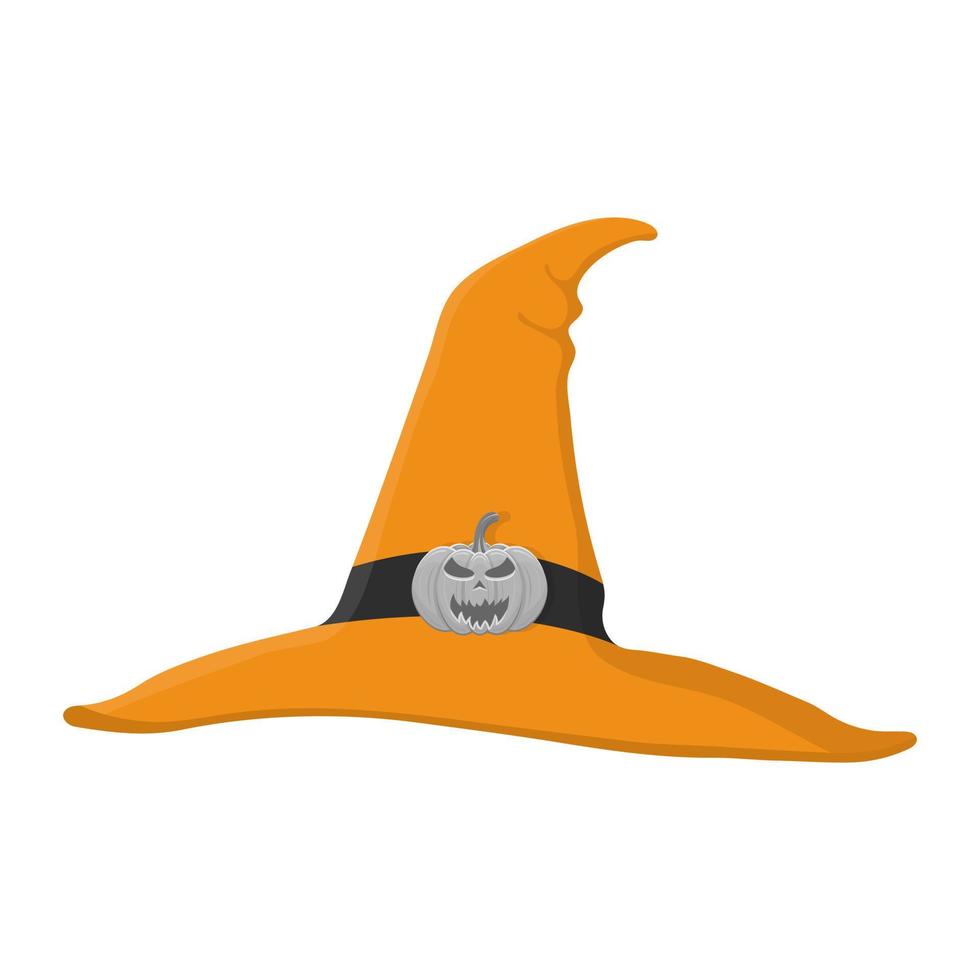 Cartoon orange witch hat with pumpkin isolated on white background. Children kid costume masquerade party. Design element for Halloween. Vector illustration.