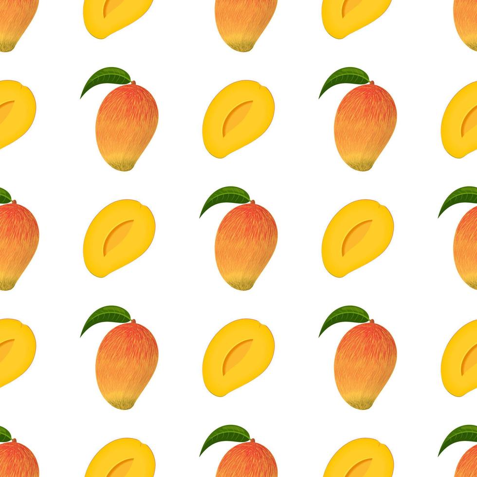 Seamless pattern with fresh bright exotic whole and half mango isolated on white background. Summer fruits for healthy lifestyle. Organic fruit. Cartoon style. Vector illustration for any design.