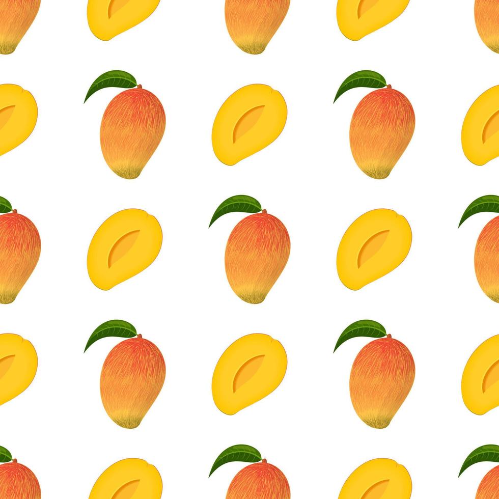 Seamless pattern with fresh bright exotic whole and half mango isolated on white background. Summer fruits for healthy lifestyle. Organic fruit. Cartoon style. Vector illustration for any design.