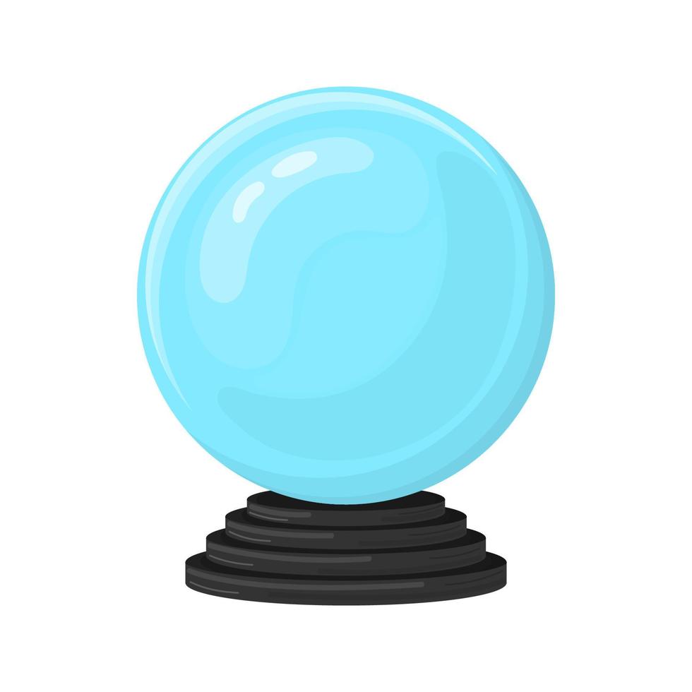 Magic fortune telling crystal ball isolated on white background. Blue sphere on black stand. Cartoon style. Vector illustration for any design.