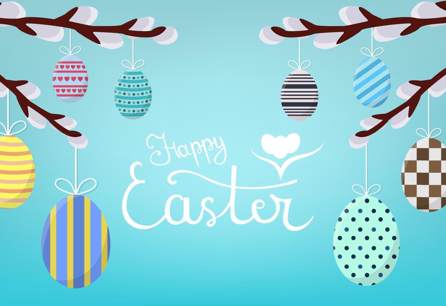 Easter Card. Calligraphy Lettering Happy Easter Inscription on Blue Background. Different Hanging Easter Eggs on Willow Branches. Vector illustration for Your Design, Web.