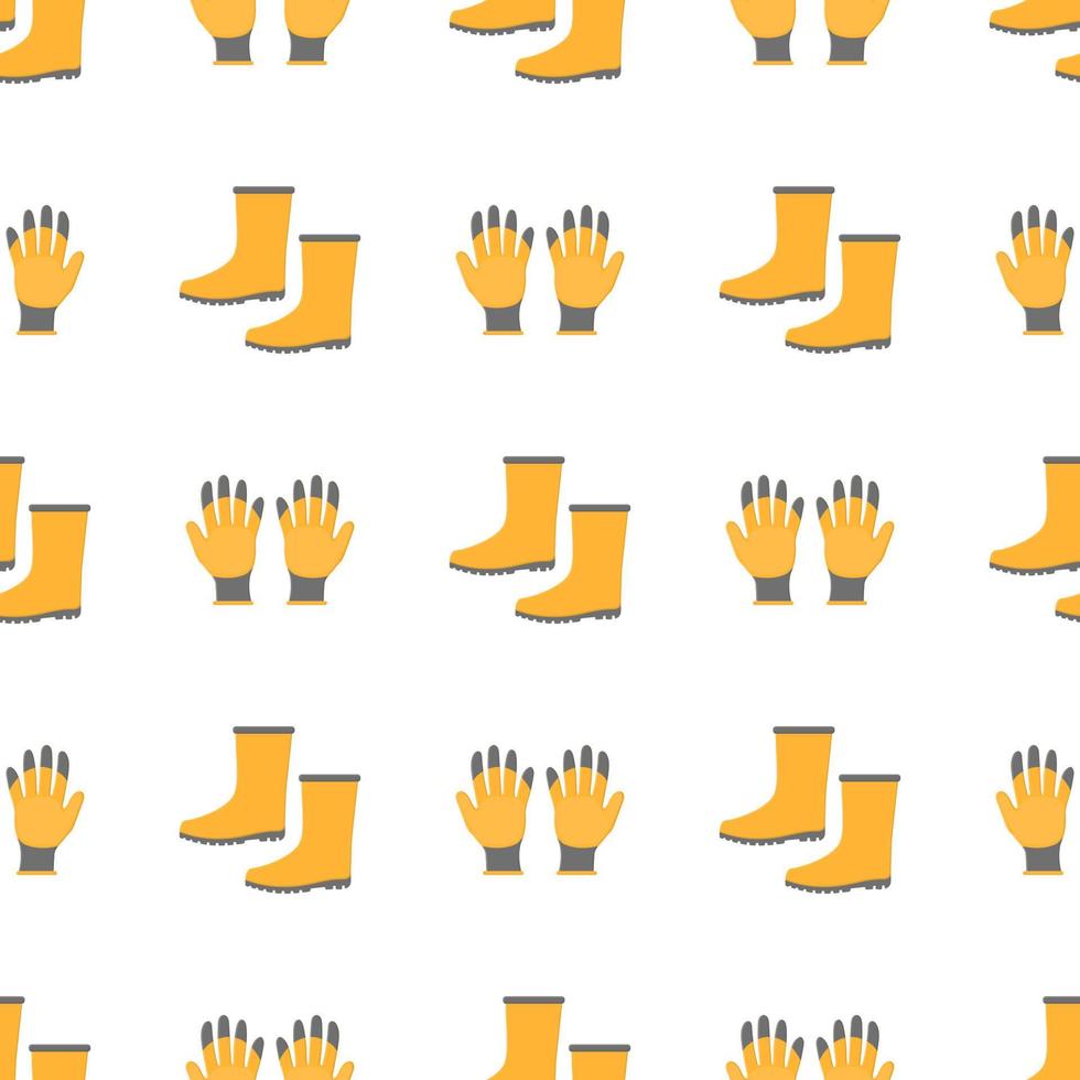 Seamless pattern with cartoon yellow rubber gloves and boots on white background. Gardening tool. Vector illustration for any design