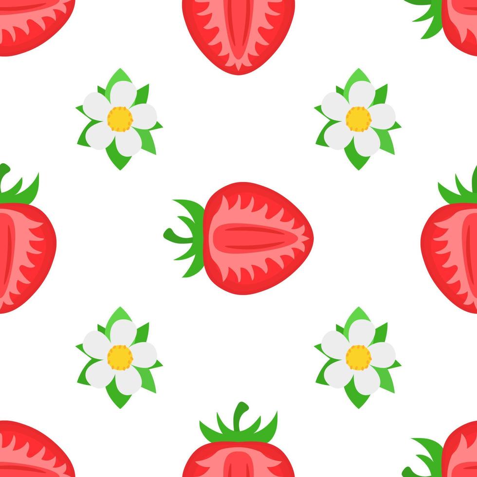 Seamless pattern with fresh bright exotic half strawberries with flowers on white background. Summer fruits for healthy lifestyle. Organic fruit. Cartoon style. Vector illustration for any design.