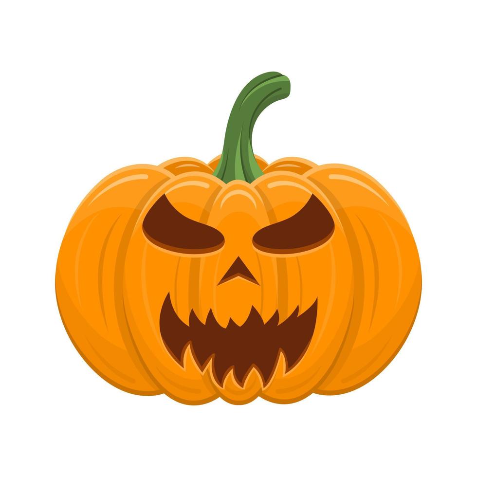 Halloween pumpkin isolated on white background. Cartoon orange pumpkin with smile, funny face. The main symbol of the Halloween, autumn holidays. Vector illustration for any design.