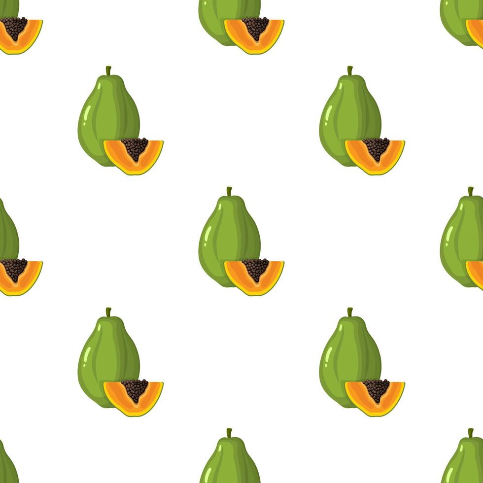 Seamless pattern with fresh bright exotic whole and cut slice papaya fruit on white background. Summer fruits for healthy lifestyle. Organic fruit. Cartoon style. Vector illustration for any design.