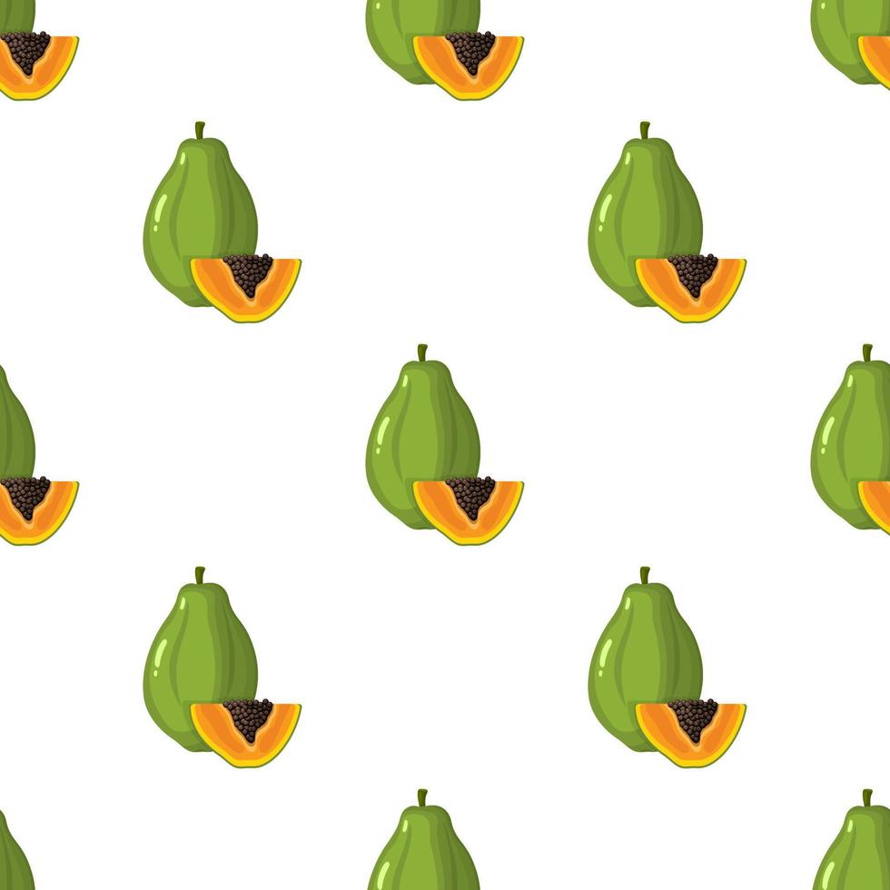 Seamless pattern with fresh bright exotic whole and cut slice papaya fruit on white background. Summer fruits for healthy lifestyle. Organic fruit. Cartoon style. Vector illustration for any design.