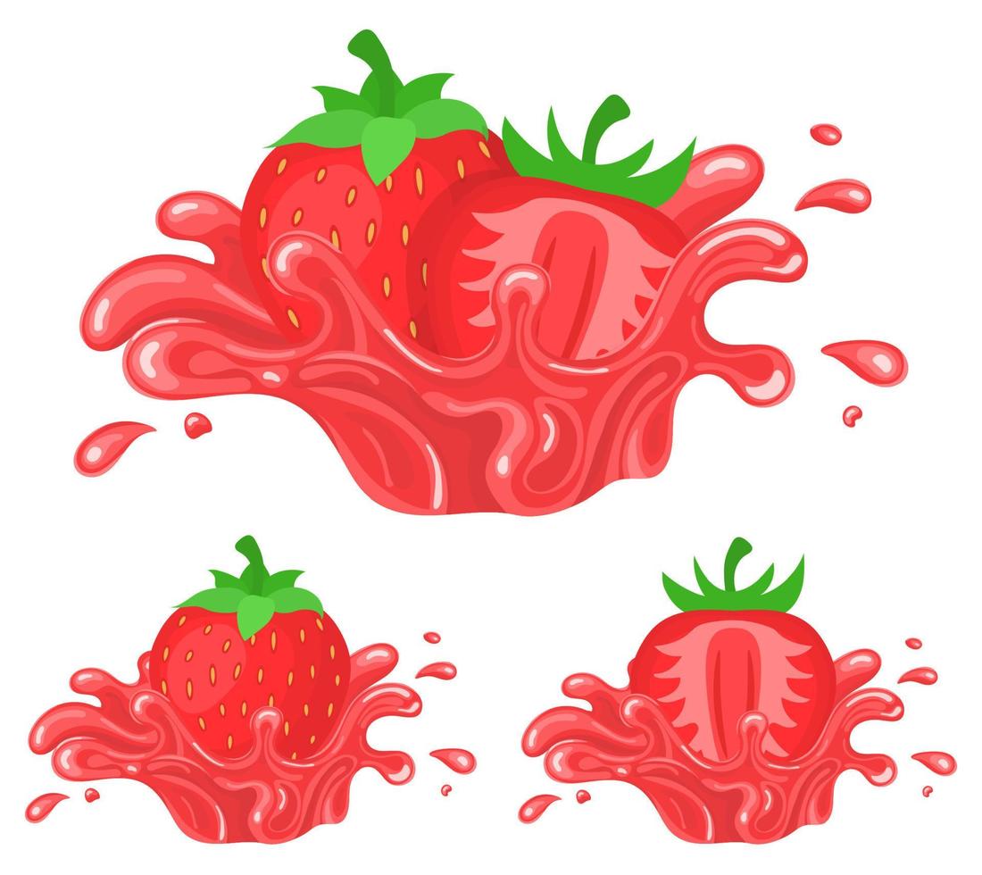 Set of fresh bright strawberry juice splash burst isolated on white background. Summer fruit juice. Cartoon style. Vector illustration for any design.