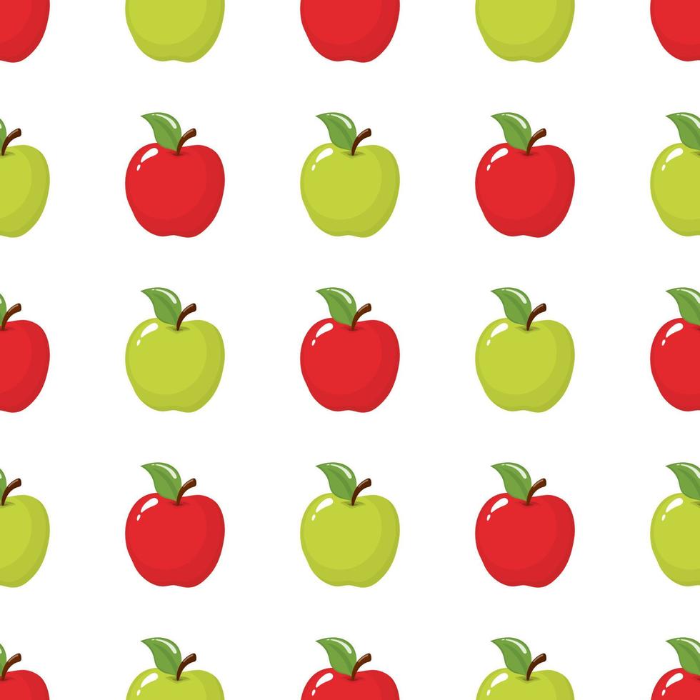 Seamless pattern with red and green apples on white background. Organic fruit. Cartoon style. Vector illustration for design, web, wrapping paper, fabric, wallpaper