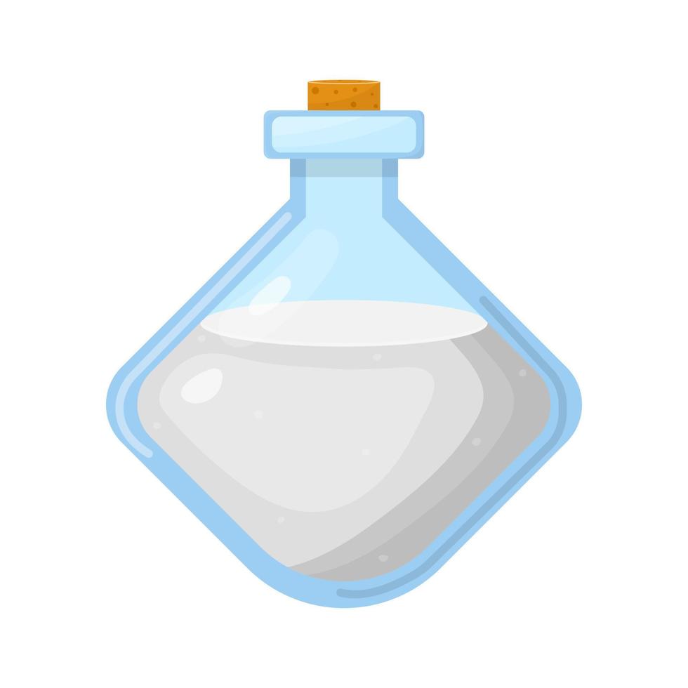 Magic potion in bottle with white liquid isolated on white background. Chemical or alchemy elixir. Vector illustration for any design.