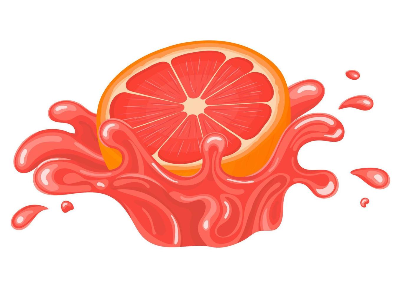 Fresh bright half cut grapefruit juice splash burst isolated on white background. Summer fruit juice. Cartoon style. Vector illustration for any design.