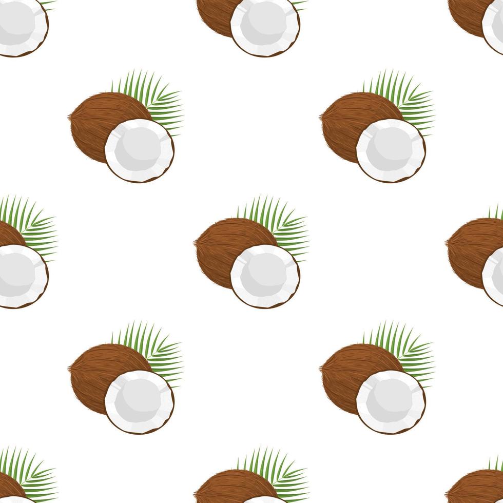 Seamless pattern with cartoon detailed brown exotic whole coconut, half and green leaf. Summer fruits for healthy lifestyle. Organic fruit. Vector illustration for any design.