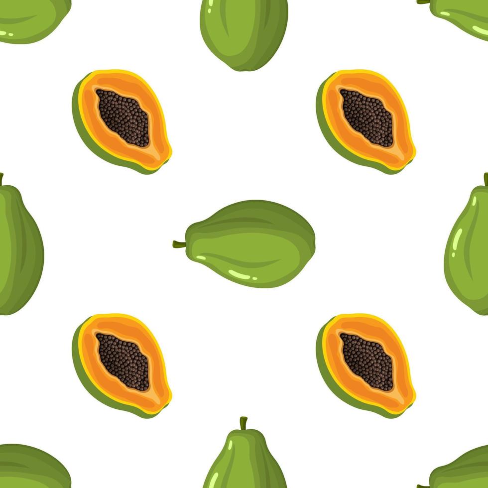 Seamless pattern with fresh bright exotic whole and half papaya fruit on white background. Summer fruits for healthy lifestyle. Organic fruit. Cartoon style. Vector illustration for any design.