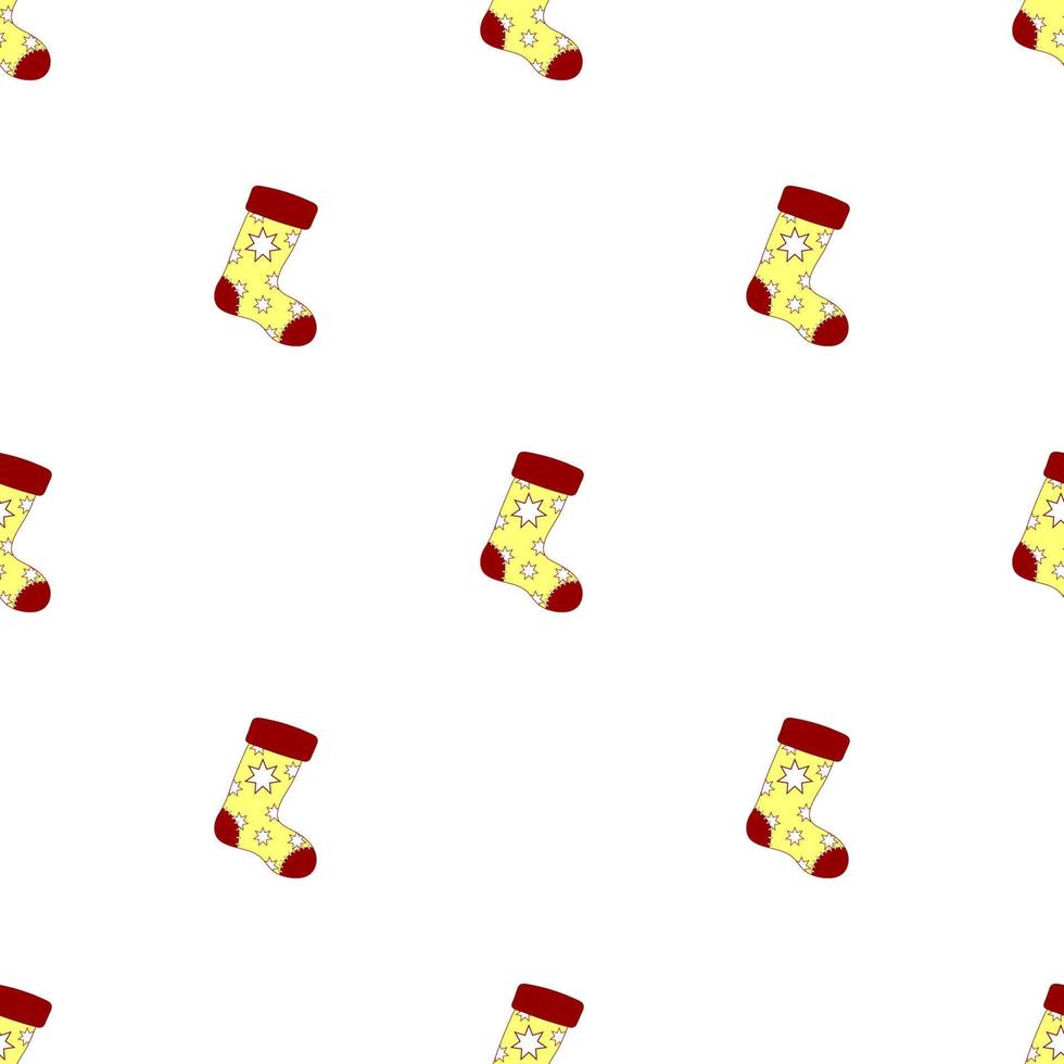 Seamless pattern with christmas socks on white background. Red yellow sock. Vector illustration.