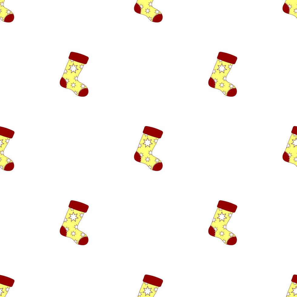 Seamless pattern with christmas socks on white background. Red yellow sock. Vector illustration.