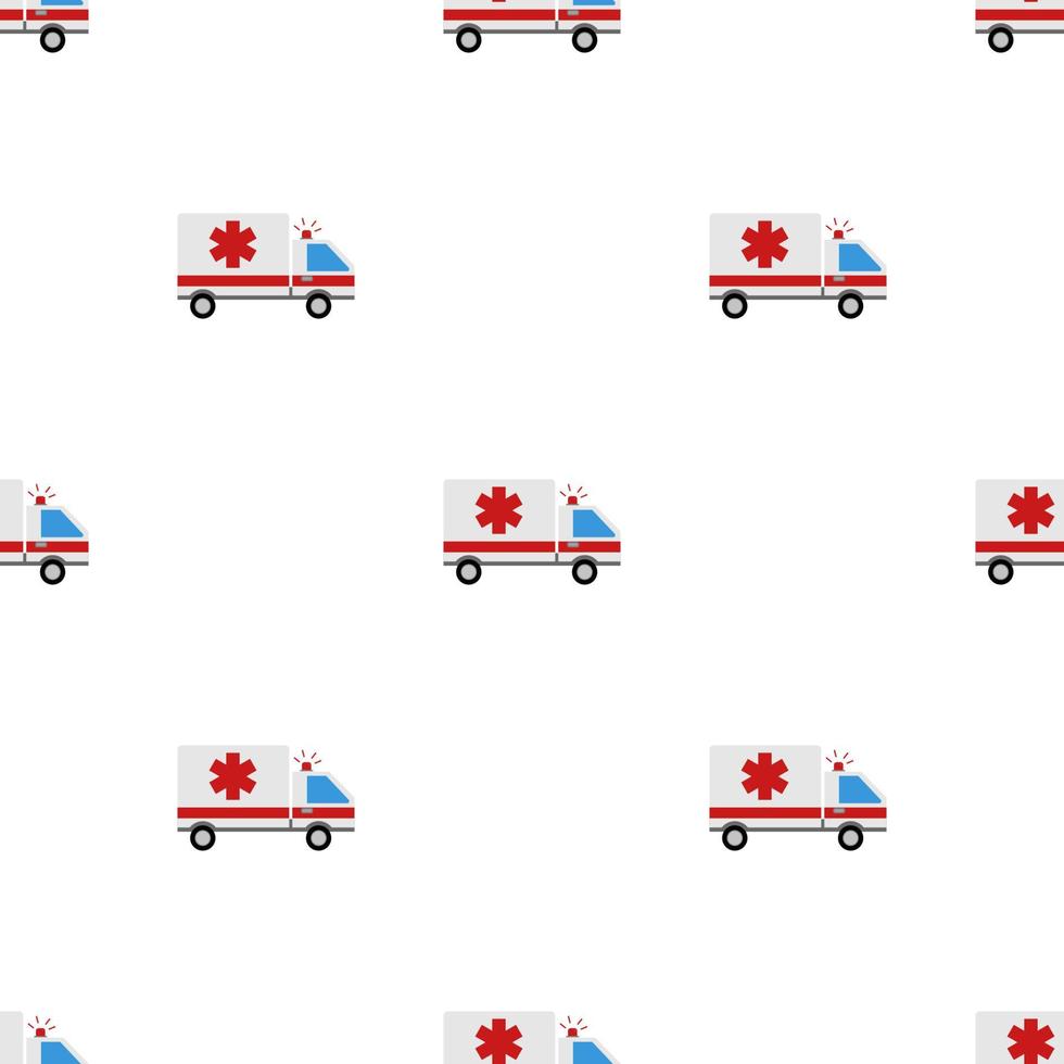 Seamless pattern with emergency ambulance on white background. Medical vehicle. Medicine sign. Flat style. Vector illustration for design, web, wrapping paper, fabric, wallpaper