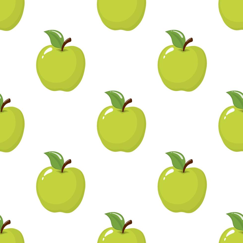 Seamless pattern with green apples on white background. Organic fruit. Cartoon style. Vector illustration for design, web, wrapping paper, fabric, wallpaper