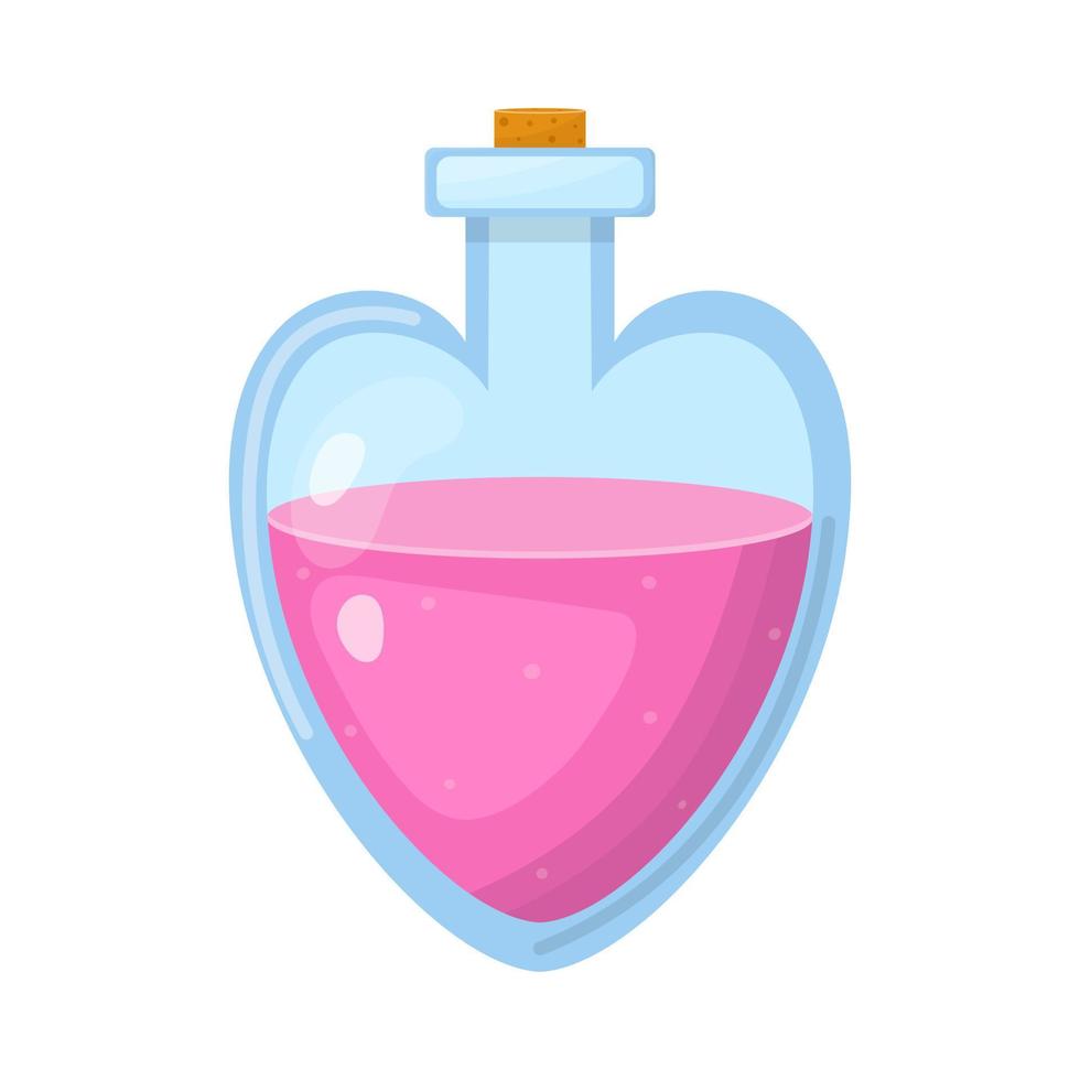 Magic potion in bottle with pink liquid isolated on white background. Cartoon fairy elixir. Vector illustration for any design.