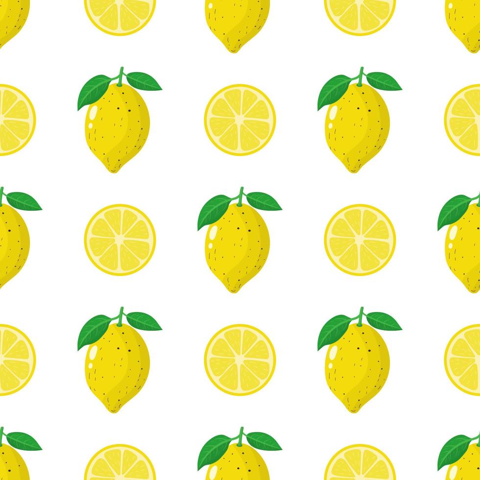 Seamless pattern with fresh whole, half lemon fruit on white background. Vector illustration for design, web, wrapping paper, fabric, wallpaper