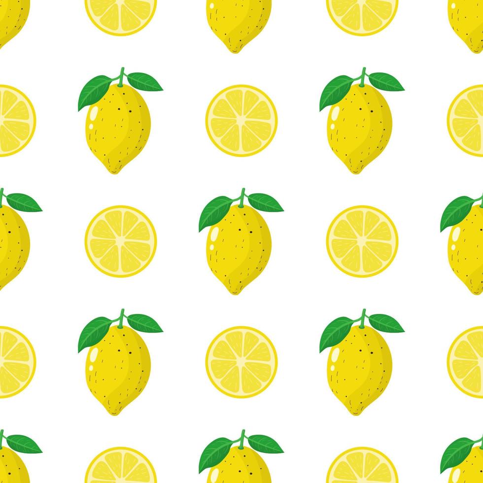 Seamless pattern with fresh whole, half lemon fruit on white background. Vector illustration for design, web, wrapping paper, fabric, wallpaper