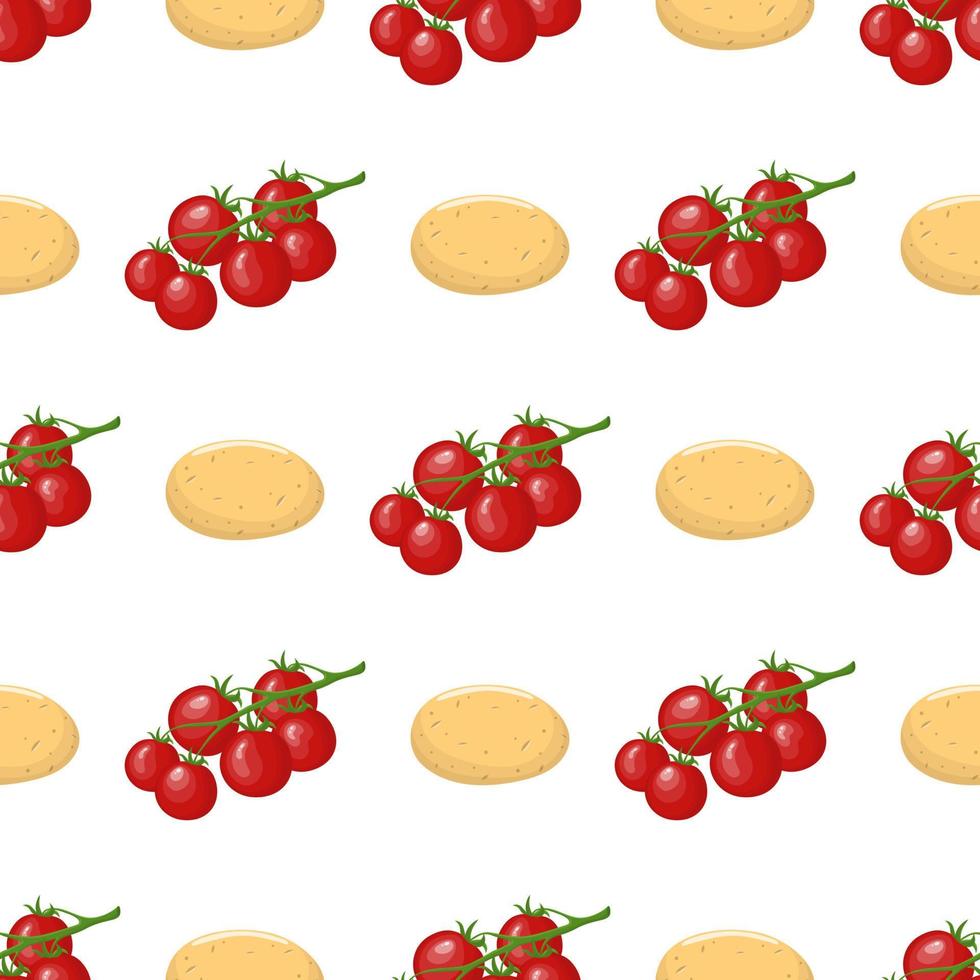 Seamless pattern with fresh cherry tomato and potato vegetables. Organic food. Cartoon style. Vector illustration for design, web, wrapping paper, fabric, wallpaper.